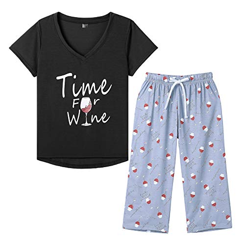 HONG HUI Women's Capri Pajama Sets Plus Size Sleepwear Top with Capri Pants 2 Piece Sleep Set - color: Black-wine Red, size: Medium