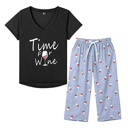 HONG HUI Women's Capri Pajama Sets Plus Size Sleepwear Top with Capri Pants 2 Piece Sleep Set - color: Black-wine Red, size: 5X-Large