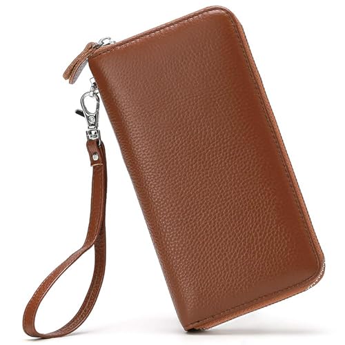 Moflycom Womens Wallet RFID Blocking Genuine Leather Zip Around Wallet Clutch Wristlet Travel Long Purse for Women - color: Brown