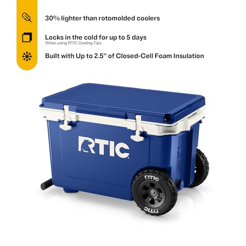 RTIC 52 Quart Ultra-Light Wheeled Hard Cooler Insulated Portable Ice Chest Box for Beach, Drink, Beverage, Camping, Picnic, Fishing, Boat, Barbecue, 30% Lighter Than Rotomolded Coolers - color: Cobalt & White