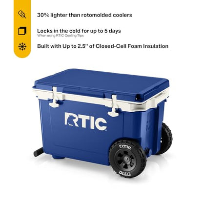 RTIC 52 Quart Ultra-Light Wheeled Hard Cooler Insulated Portable Ice Chest Box for Beach, Drink, Beverage, Camping, Picnic, Fishing, Boat, Barbecue, 30% Lighter Than Rotomolded Coolers - color: Cobalt & White