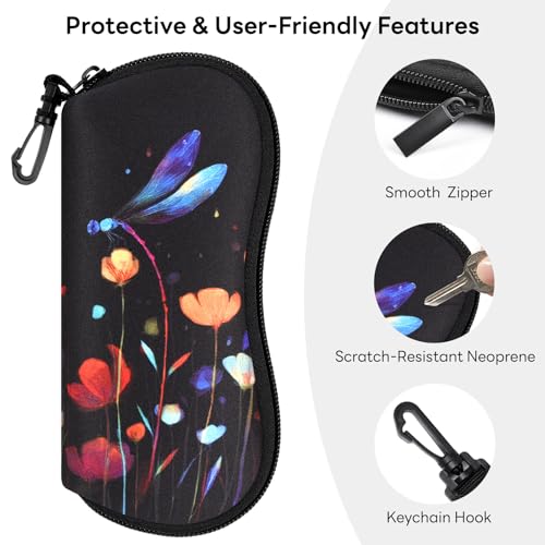 Sunglasses Case with Belt Clip, Ultra Light Neoprene Zipper Soft Padded Glasses Case for Women Men - color: Dragonfly