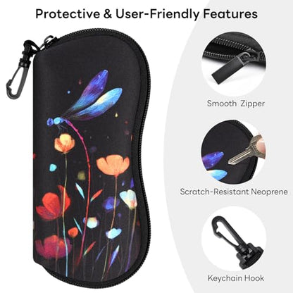 Sunglasses Case with Belt Clip, Ultra Light Neoprene Zipper Soft Padded Glasses Case for Women Men - color: Dragonfly