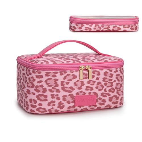Montana West X Wrangler Travel Makeup Bag 2pcs Set Large Cosmetic Bag with Makeup Brush Holder Portable Make Up Organizer Cute Toiletry Bag with Divider and Handle for Women Leopard - color: Leopard-Pink