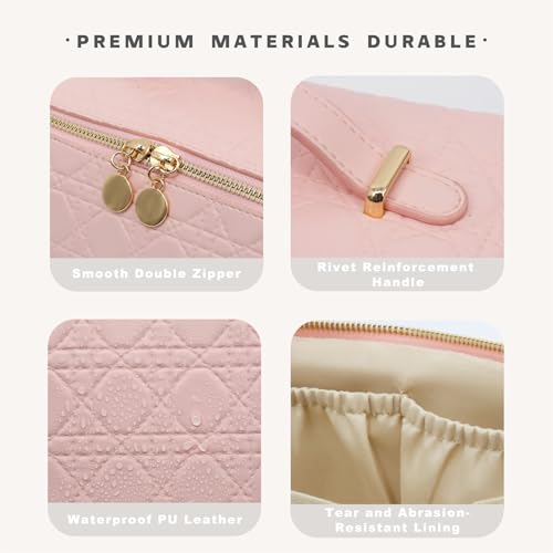Travel Makeup Bag – Large Cosmetic Organizer with Waterproof PU Leather, Smooth Double Zipper & Tear-Resistant Lining, Toiletry Pouch for Women (Pink) - color: 04-Pink