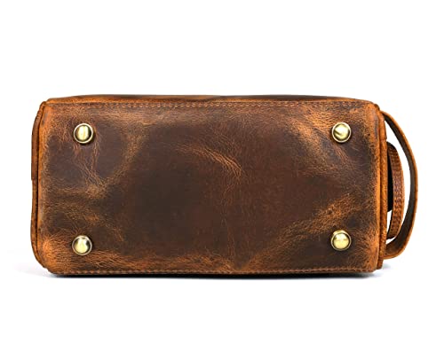 10" Premium Leather Toiletry Travel Pouch With Waterproof Lining Black Color | King-Size Handcrafted Vintage Shaving Kit By Aaron Leather Goods - color: Copper