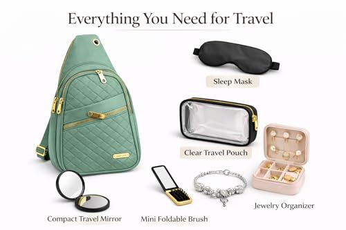 Travel Essentials Gift Set for Women – 7 Pc Travel Kit with Sling Bag, TSA Pouch, Jewelry Case & Sleep Mask - color: Spritzy Sage