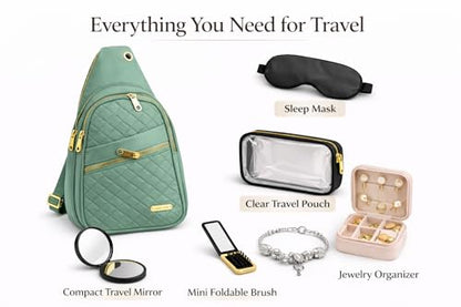 Travel Essentials Gift Set for Women – 7 Pc Travel Kit with Sling Bag, TSA Pouch, Jewelry Case & Sleep Mask - color: Spritzy Sage