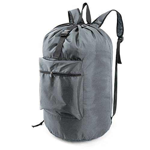 BeeGreen Gray Laundry Backpack w Adjustable Shoulder Straps & Drawstring College Dorm Room Essentials w Handle for Travel Trip Lightweight Durable Laundry Bag Hamper Portable - color: Grey, style: With Front Zipper Pocket
