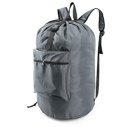 BeeGreen Gray Laundry Backpack w Adjustable Shoulder Straps & Drawstring College Dorm Room Essentials w Handle for Travel Trip Lightweight Durable Laundry Bag Hamper Portable - color: Grey, style: With Front Zipper Pocket