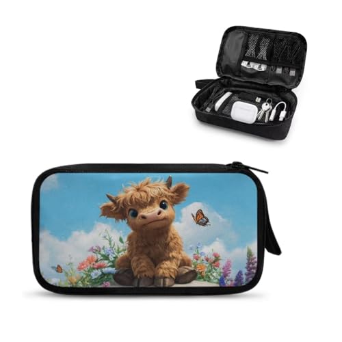 Highland Cattle Print Travel Cable Organizer Bag, Flower Butterfly Print Electronic Cable Organizer Pouch, Portable Charger Organizer Bag for Electronic Items, USB, SD - color: Blue-Highland Cattle Flower Butterfly