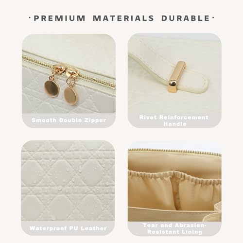 Travel Makeup Bag – Large Cosmetic Organizer with Waterproof PU Leather, Smooth Double Zipper & Tear-Resistant Lining, Toiletry Pouch for Women (White) - color: 04-White