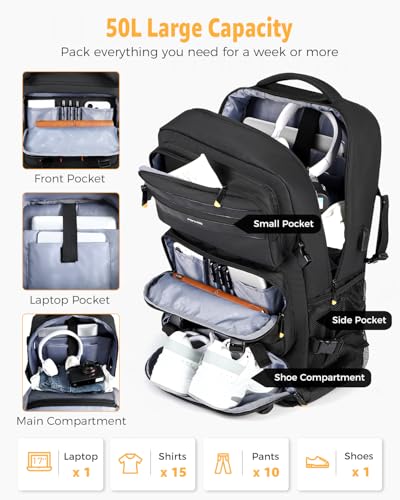 Ponhog Travel Backpack for Men, 50L Carry On Flight Approved Convertible Duffle Bag with Shoe Compartment, 17 inch Laptop Luggage with USB Charging Port for Weekender Hiking, Black - color: Black