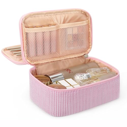 Relavel Cute Makeup Bag for Girls, Portable Pink Cosmetic Bag, Dual-layer Makeup Pouch with Brush Holder, Multi-Functional Preppy Toiletry Organizer for Travel, Daily Use - Pink Strip - color: 01-Pink Strip, size: MEDIUM