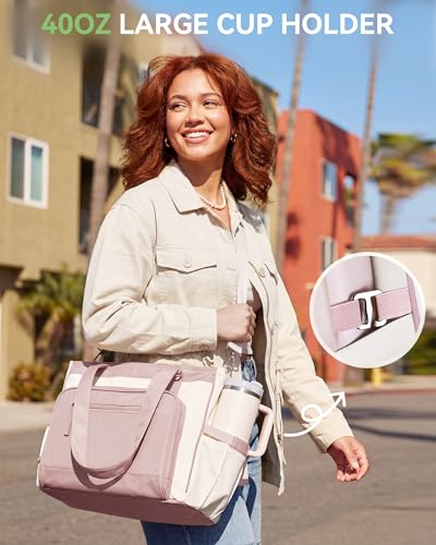 HOMESPON Lunch Bag, 24.5L Large Tote Bag for Women, Laptop Bag Fits 15.6" with Insulated Lunch Compartment & Shoulder Strap, Work Tote for Nurse, Teacher, Office, Commute, Travel, Beige-pink - color: Pink