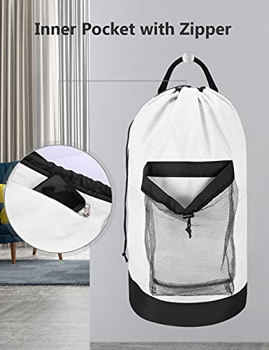 Dalykate Backpack Laundry Bag, Laundry Backpack with Shoulder Straps and Mesh Pocket Durable Nylon Clothes Hamper Bag with Drawstring Closure for College, Travel, Laundromat, Apartment - color: White