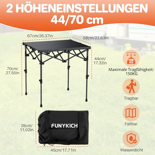 FUNYKICH Folding Camping Table(L26.4''xW22.8''), Aluminum Roll-up Portable Picnic Table with 2 Adjustable Height(17.3'' & 27.6'') for Picnic, Camping, BBQ, Party, Backyard, Beach - size: 26.4''L x 22.8''W x (28''/17.3'')H