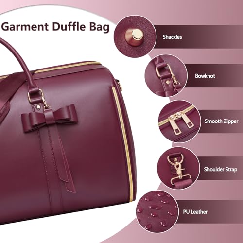 Garment Bags for Travel, Convertible Suit Travel Bag for Women, Cute Carry On Garment Bag w/Shoes Pouch, 2 in 1 Foldable PU Leather Hanging Duffle Bag, Single-Zipper Design, Sangria - color: Red