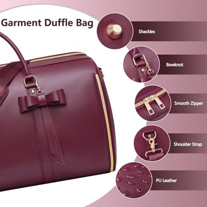 Garment Bags for Travel, Convertible Suit Travel Bag for Women, Cute Carry On Garment Bag w/Shoes Pouch, 2 in 1 Foldable PU Leather Hanging Duffle Bag, Single-Zipper Design, Sangria - color: Red