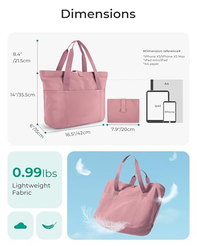 BAGSMART Tote Bag for Women, Foldable Tote Bag With Zipper Travel Shoulder Bag Handbag for Work - color: Dark Pink