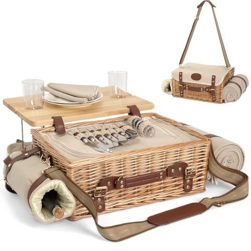 Multifunctional Wicker Picnic Basket Set for 2 with Blanket and Picnic Table, Insulated Picnic Set with Full Tablewares for Camping Outdoor Couples,Natural - color: Natural With Blanket &Table for 2