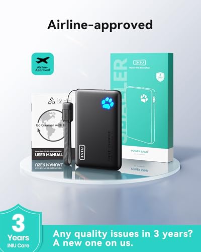 INIU 45W Fast Charging Portable Charger, 40% Smaller 10000mAh with Detachable Cable, Flight-Safe Travel Power Bank, USB C External Phone Battery Pack for iPhone 17 16 Pro iPad Samsung S26 Google etc - color: Black