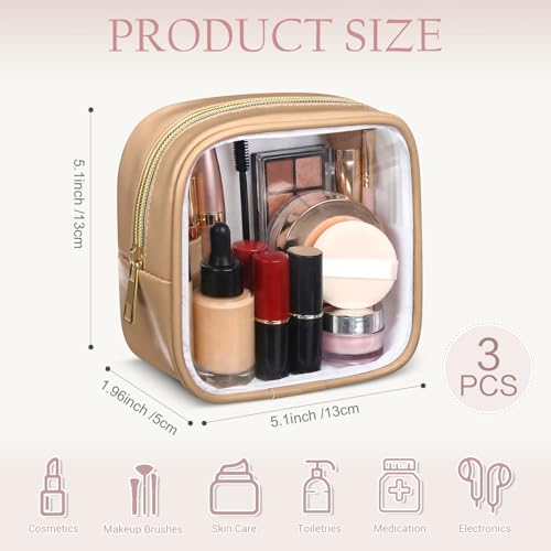 Abbylike 3 Pcs Mini Clear Makeup Bag Cosmetic Bags Set Waterproof Transparent Toiletry Bag with Zipper for Women Girls, Gifts for Bridesmaid(Fragrant Powder,Oak Brown,Milky White) - color: Fragrant Powder,Oak Brown,Milky White