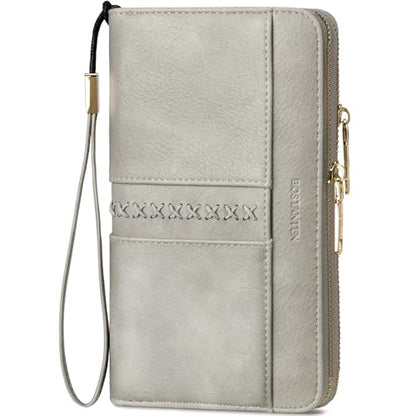 BOSTANTEN Wallets for Women Leather RFID Double Zipper Around Credit Card Holder Large Capacity Wristlet Clutch Wallet - color: Cloud Gray