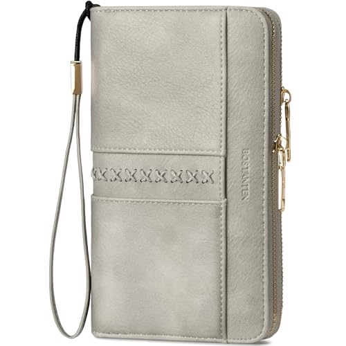 BOSTANTEN Wallets for Women Leather RFID Double Zipper Around Credit Card Holder Large Capacity Wristlet Clutch Wallet - color: Cloud Gray