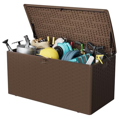 Garvee 100gal Outdoor Storage Box, Lockable Plastic Deck Box with Lid, Waterproof & UV-Resistant Storage Bin for Patio Cushions, Garden Tools & Pool Accessories, Brown - color: Brown, size: 100 Gal
