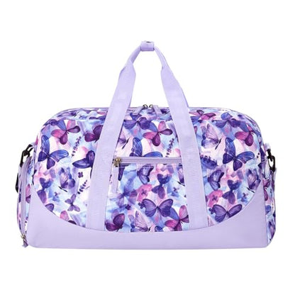 Choco Mocha Kids Duffle Bag, Girls Butterfly Overnight Travel Bags for Kid with Shoes Compartment, Large Weekender Bag for Sleepover, Purple - color: Butterfly Purle