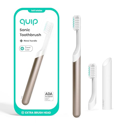 Quip Metal Sonic Electric Toothbrush for Adults - Time Travel & Soft Bristles with Travel Case & Replacement Brush Head - 3 Month Battery Life, Dawn Peach Gold - color: Dawn Peach Gold