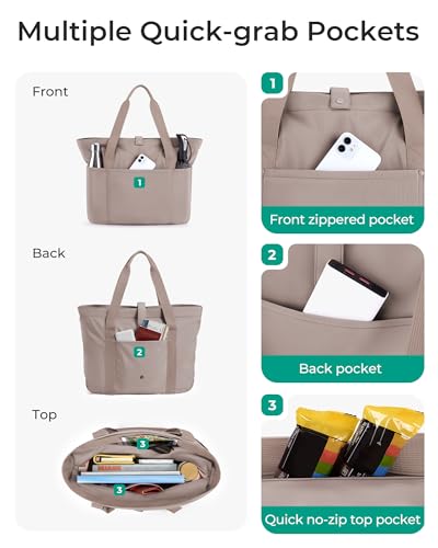 BAGSMART Tote Bag for Women, Foldable Tote Bag With Zipper Travel Shoulder Bag Handbag for Work - color: Grayish Brown-16.5''l X 6''wx 14''h