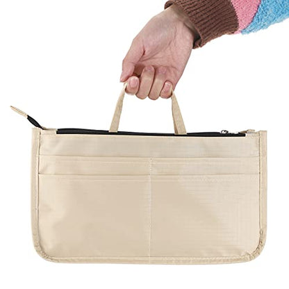 BTSKY Printing Handbag Organizers Inside Purse Insert - High Capacity 13 Pockets Bag Tote Organizer with Handle Beige - color: Beige