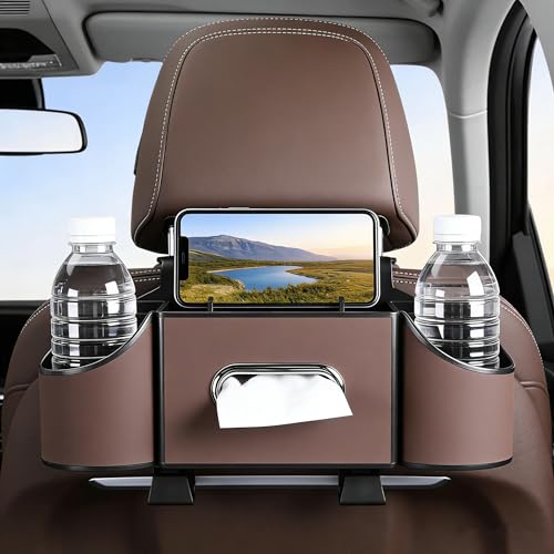 Back Seat Car Organizer, Nappa Leather Car Seat Organizer with Cup Holders and Tissue Box, Premium Hanging Storage Bag for SUV Truck Road Trip (Brown) - color: Brown