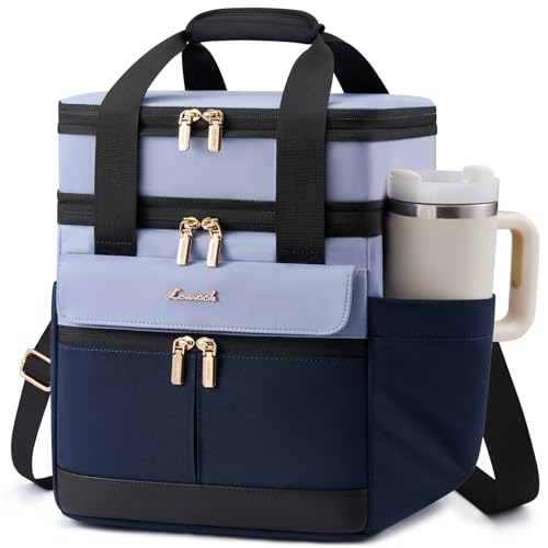 LOVEVOOK Insulated Lunch Bag Women Men,Expandable Double Deck Lunch Box for Women With Large Cup Holder,Leakproof Cooler Bag For Adult Lunch Tote Bag Work Picnic Beach with Adjustable Shoulder Strap - color: Dark Blue with Light Blue with Black, size: X L