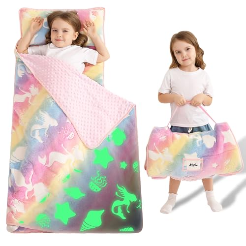 Lasoftan Toddler Nap Mat with Pillow and Blanket, Extra Large Rolled Napping Mats,Slumber Bags for Boys Girls,Kids Sleeping Bag for Daycare, Preschool Travel Camping - color: Glowing Jellyfish