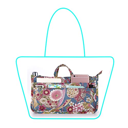BTSKY Printing Handbag Organizers Inside Purse Insert-High Capacity 13 Pockets Bag Tote Organizer with Handle Sunflower - color: Blue+Pink