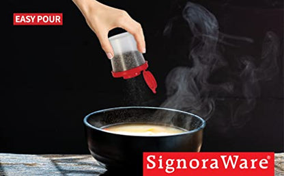 SIGNORAWARE Salt and Pepper Shakers Moisture Proof Set of 2 Medium Salt Shaker to go Camping Picnic Outdoors Kitchen Lunch Boxes Travel Spice Set Clear with Black Lids Plastic Airtight Dispenser - size: Medium, 2 pack