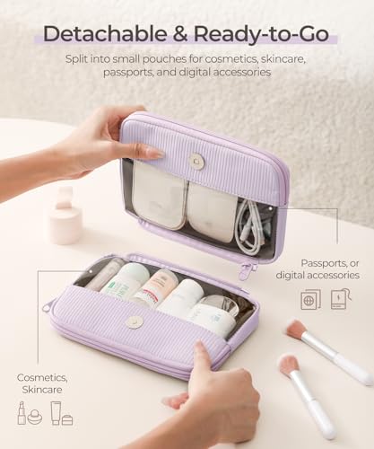 Preppy Makeup Bag, Rectangle Double Detachable Cosmetic Organizer, Clear Side Panel Portable Travel Pouches for In-Flight Essentials, Beauty & Tech Accessories, Gift for Women - color: Purple