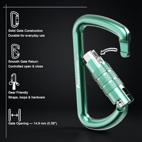 FresKaro 3inch 12kN-2698lbs Auto Locking Carabiner Clips, Solid D Shape, Heavy Duty 7075 Aluminum, Lightweight 1.09oz, Rust Proof, for Hammock, Hiking, Dog Leash, Keychain etc., Multi-Colors - color: Green-3pcs