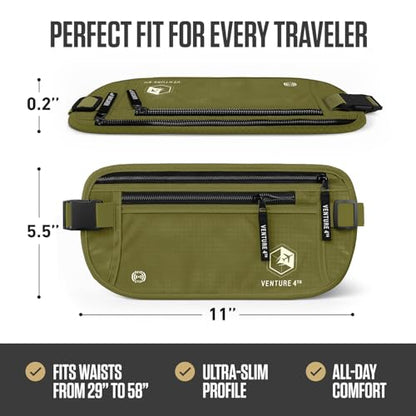 VENTURE 4TH Money Belt for Travel – Slim Hidden Under-Clothes RFID Blocking Anti-Theft Passport Holder & Travel Wallet Pouch for Men & Women to Protect Cash, Cards & Documents (Green) - color: Green