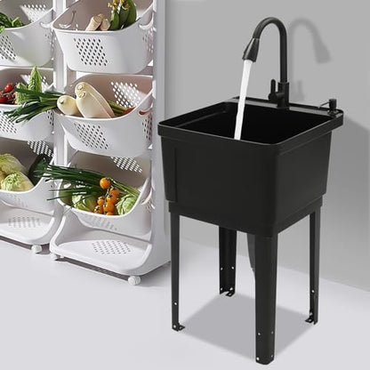 Utility Sink Extra-Deep Laundry Tub, Utility Sink Laundry Tub with 360° Rotatable High Faucet, Heavy Duty Floor Mounted Freestanding Wash Station for Restaurants, Laundries, Stores (Black) - color: Black, 19.7 x 18.9 x 33.1in