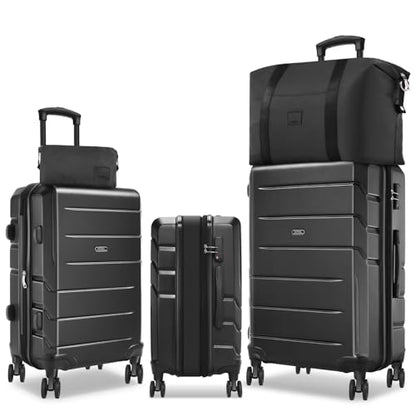 Hoteel Luggage Sets 5 Piece, 4-Yr Warranty, PC+ABS Hard Shell Expandable Suitcases with Wheels, TSA Aproved Lock and Carry on Bags, Travel Suit Case Set for Men and Women(5-Piece, Black) - color: Black, size: 5 Piece Set (Expandable 20&24&28/DB/TB)