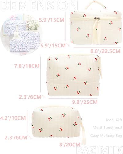 PAZIMIIK 3PCS Makeup Bag SET Large Travel Quilted Zipper Soft Cosmetic Case Pouch for Women Girls Make Up,Cherry Beige - color: Cherry Beige, size: 3 PCS SET