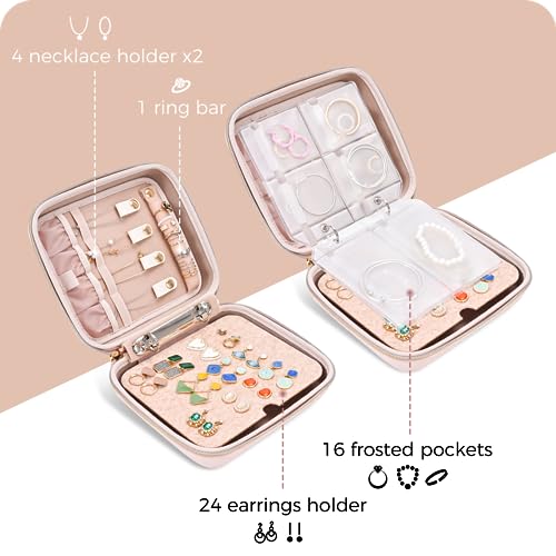 ProCase Medium Travel Jewelry Organizer Case, Jewellery Home Storage Book Ring Binder with Clear Pockets for Presentation, Zippered Pouch Bag for Earrings Necklaces Bracelets -Pink - color: Pink, size: Medium, Loose-leaf