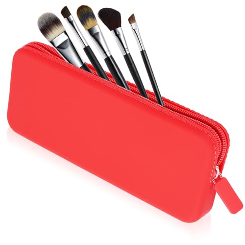 Sakolla Travel Makeup Brush Holder, Waterproof Silicone Makeup Brush Bag with Zipper Closure, Soft Portable Makeup Brushes Organizer, Small Cosmetic Bag for Daily Work (Red) - color: Red