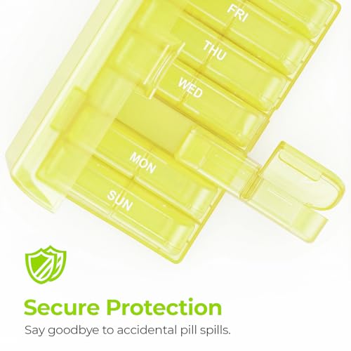 AUVON XL Weekly Pill Organizer 2 Times a Day, Pill Box 7 Day with One-Side Large Openings for Easy to Use, Black Privacy Protection AM PM Pill Case for Medication, Vitamins, Fish Oils, Supplements - color: Light Yellow