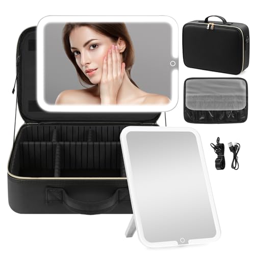 15''X11'' Makeup Bag with Removeable Lighted Mirror, Travel Makeup Case with 3 Color Lights Dimmable Brightness, Large Capacity Cosmetic Organizer Case with Detachable Dividers & Shoulder Strap - color: Black, style: Removable Mirror