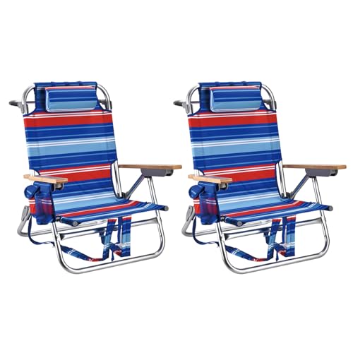 2 Pack Backpack Beach Chairs for Adults Capacity 300 LBS Low 5 Position Beach Chair with Pouch Straps Folding Lightweight Reclining Aluminum Wide Lay Flat Single - color: 10in Wood Red Blue Stripes 2 Pack
